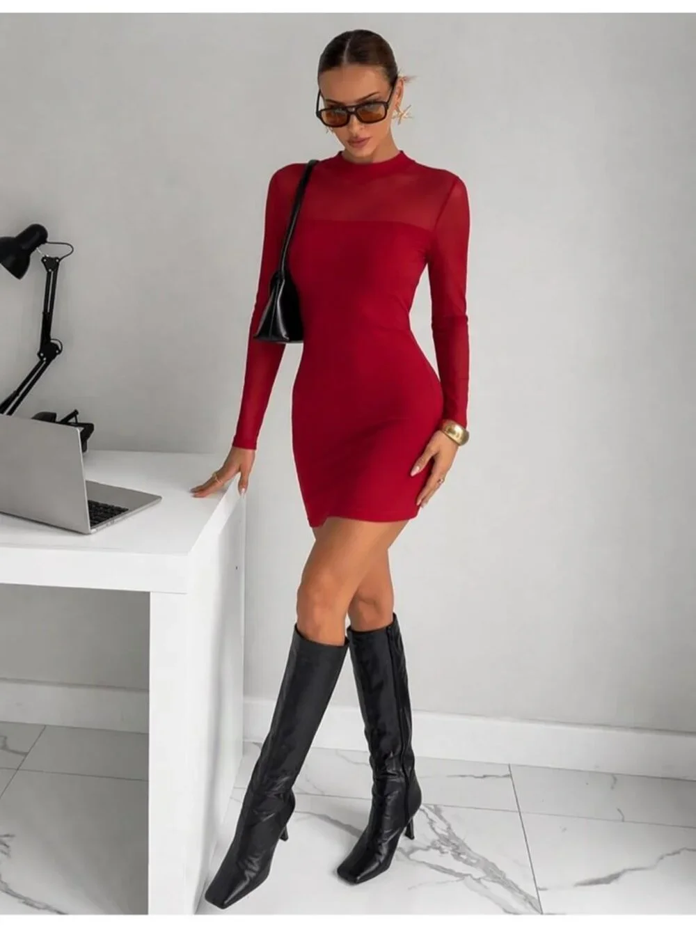 👗 Women's Red Mesh Sheer Long Sleeves Dress Ruched Bodycon Mock Neck Dress